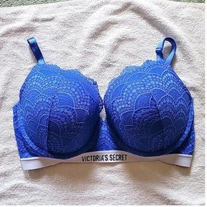 Victoria’s Secret Perfect Shape Logo Lace Bra in royal blue size 34 DDD / 34F